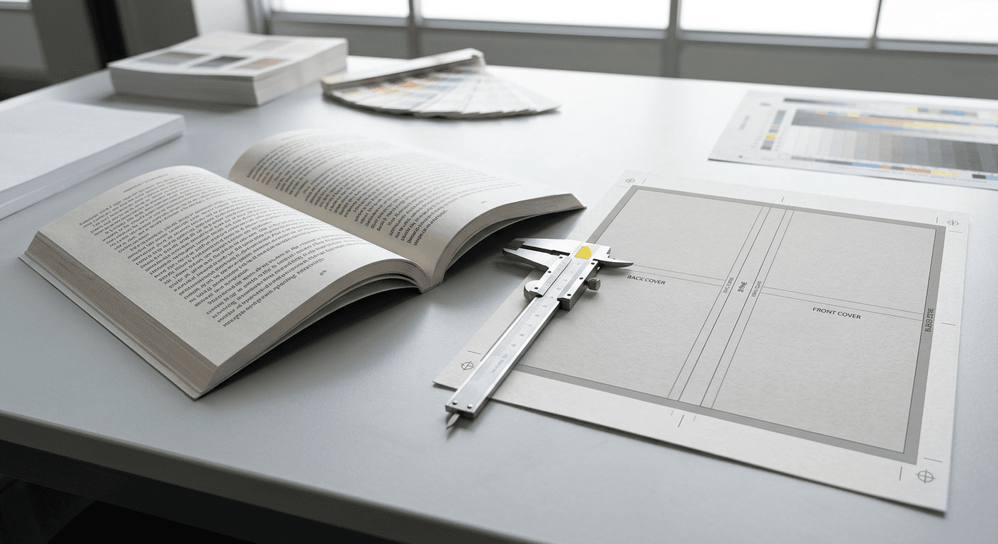 Book cover spread with spine width measurement and paper caliper gauge