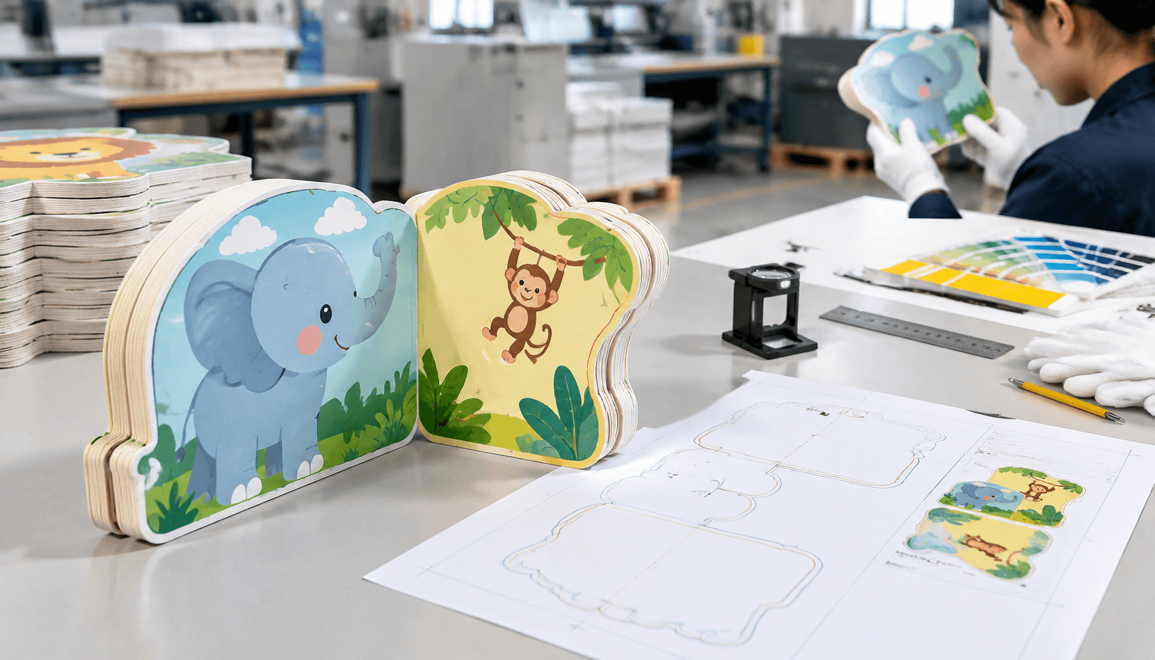 Open custom die-cut board book beside a production dieline