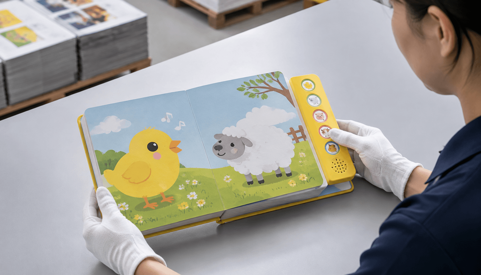 Assembled custom sound book with board pages and sound controls prepared for safety and durability inspection