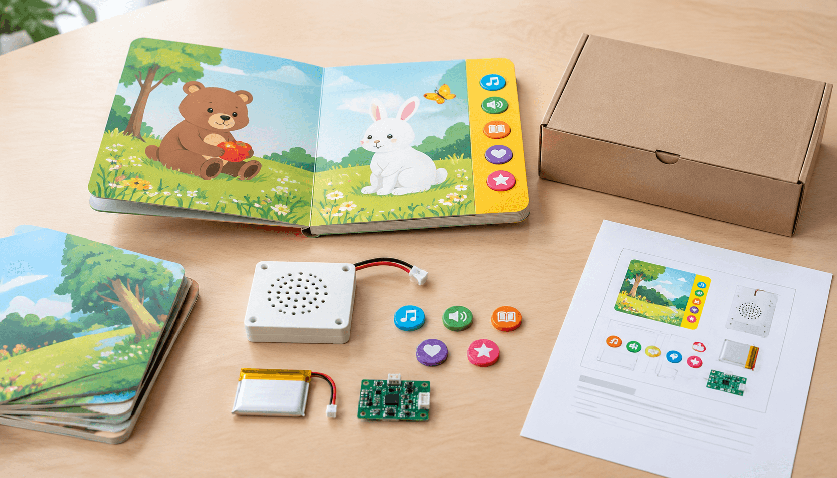 Printed board sound book and separate audio components arranged for a custom sound book cost review