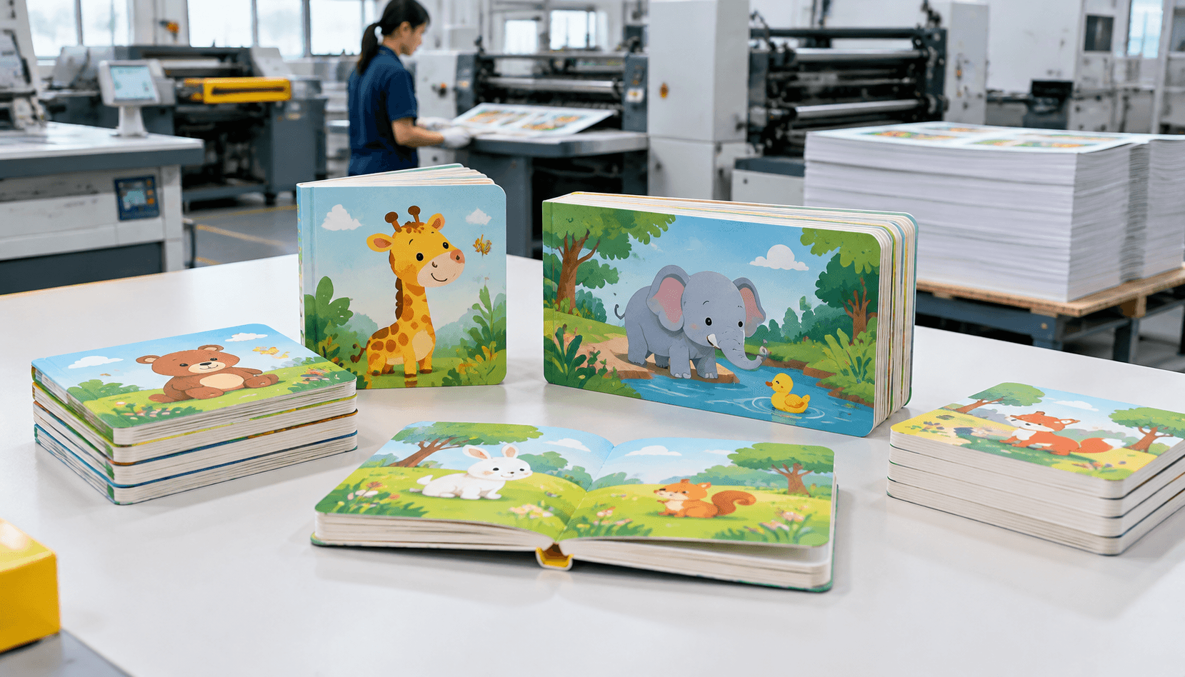 Finished toddler board books with thick pages and rounded corners on a printing factory inspection table