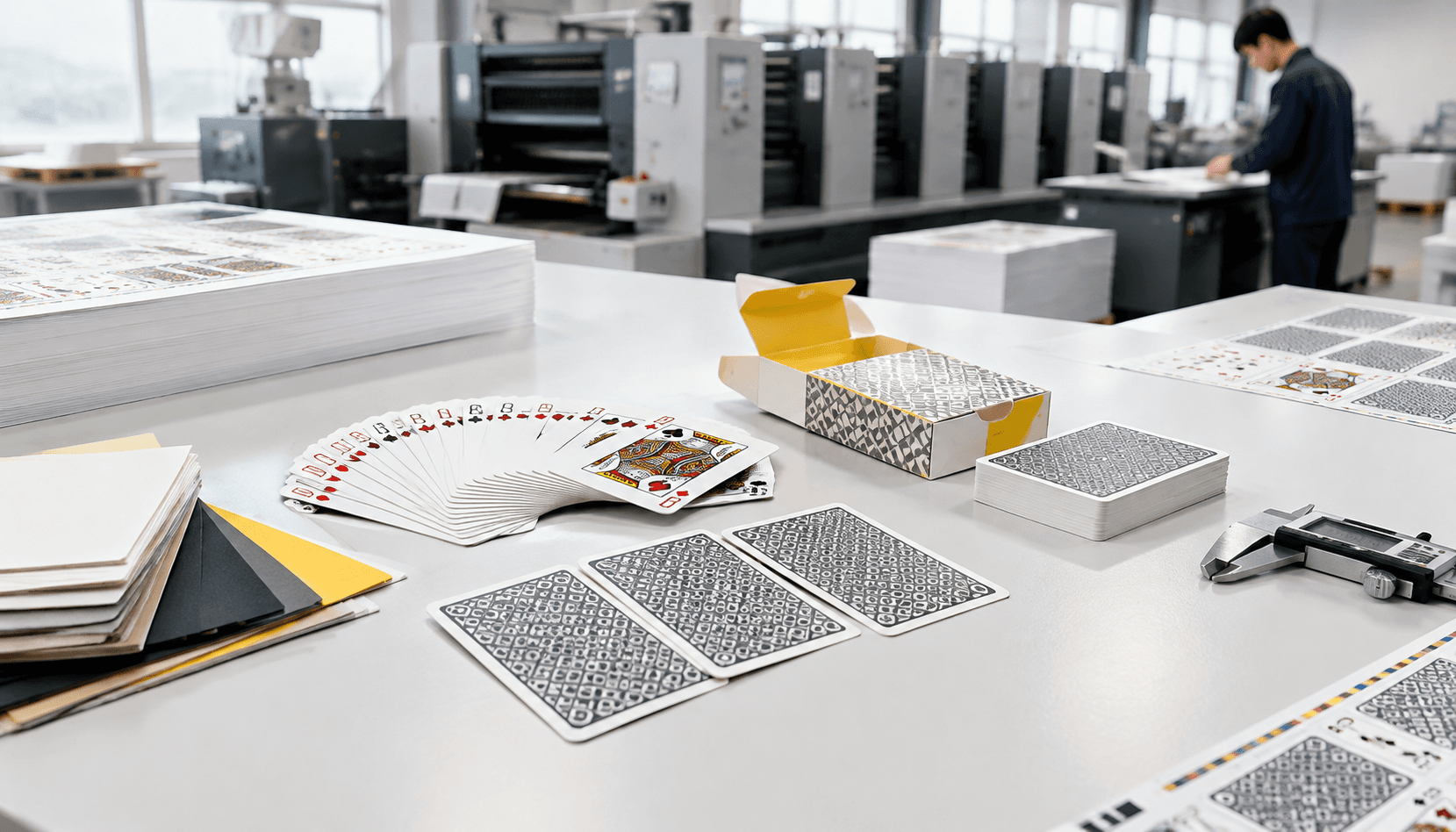 Custom playing cards, cardstock samples and a tuck box on a printing factory inspection table
