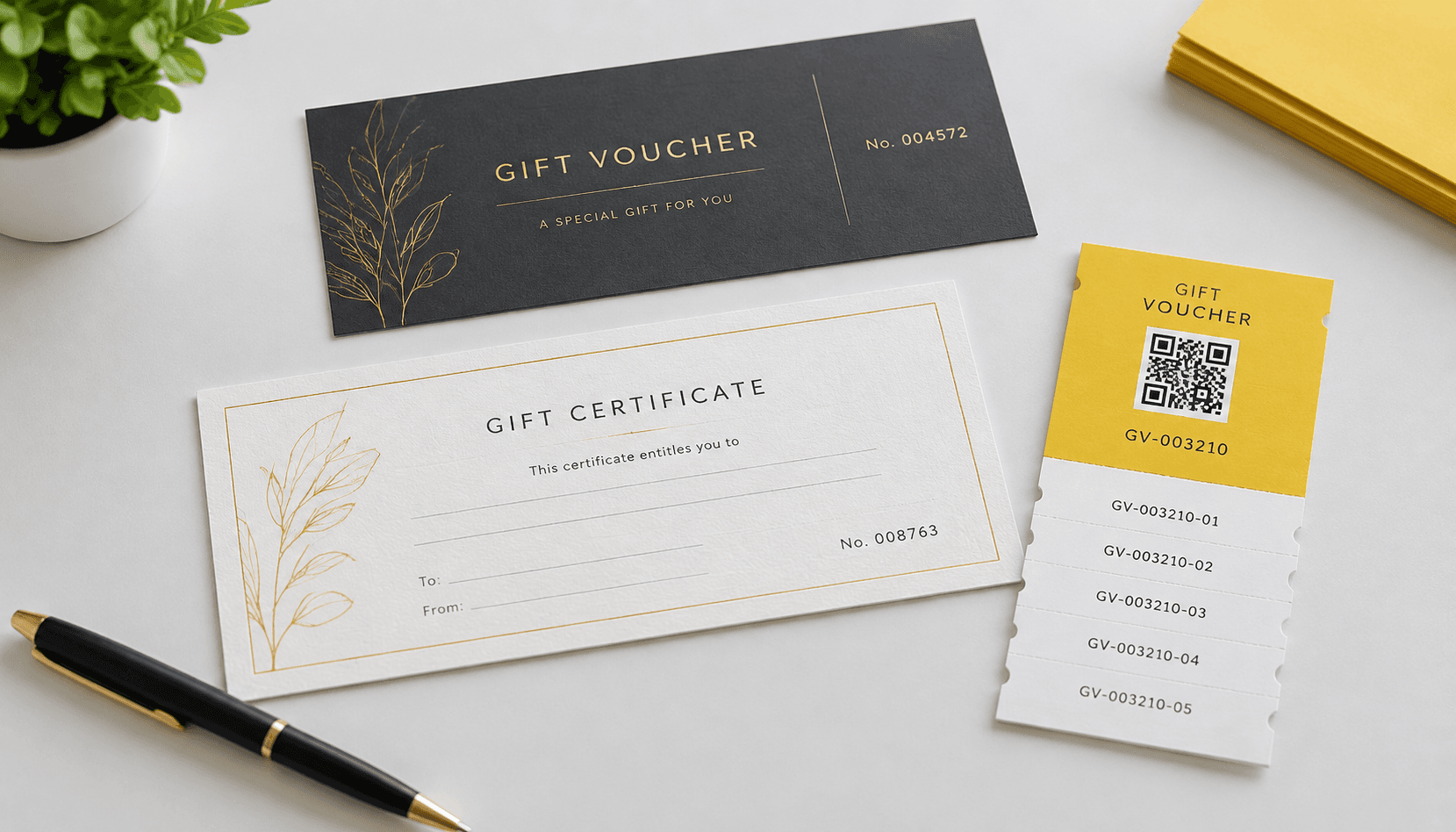 Paper and cardstock gift voucher printing samples with serial numbers, a QR code, and a writable certificate field