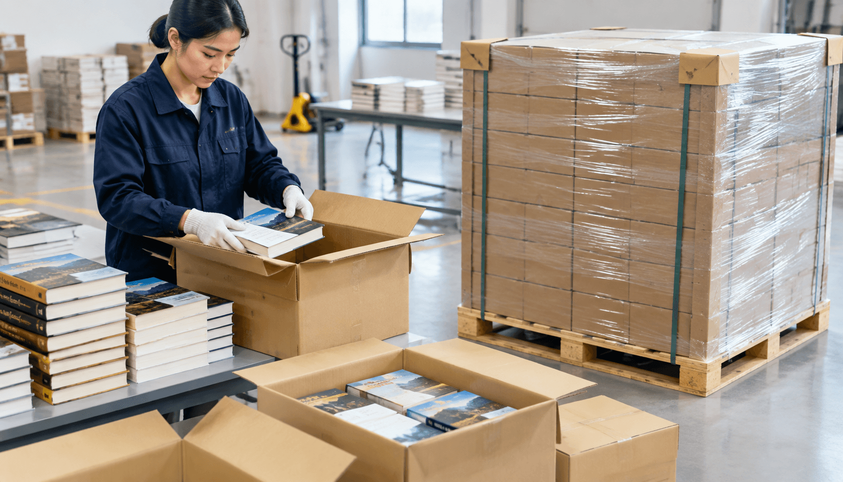 Books packed in protective export cartons on a pallet for international shipping