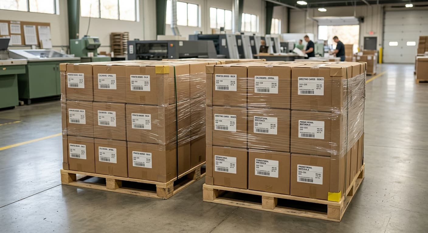 Export-packed cartons of bulk printed products on pallets in a printing factory