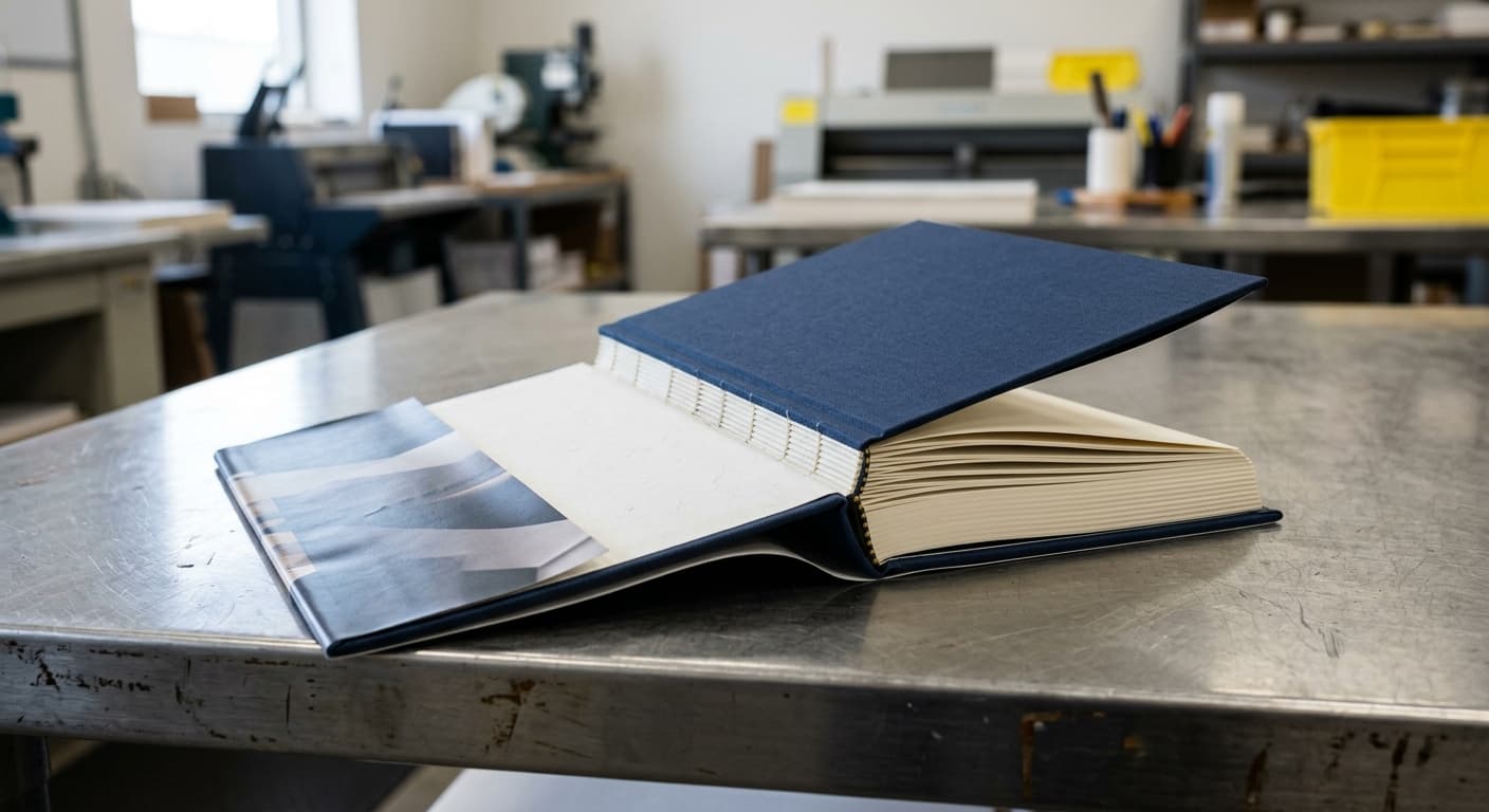 Custom hardcover book with casewrap, dust jacket, endpapers, and sewn text block