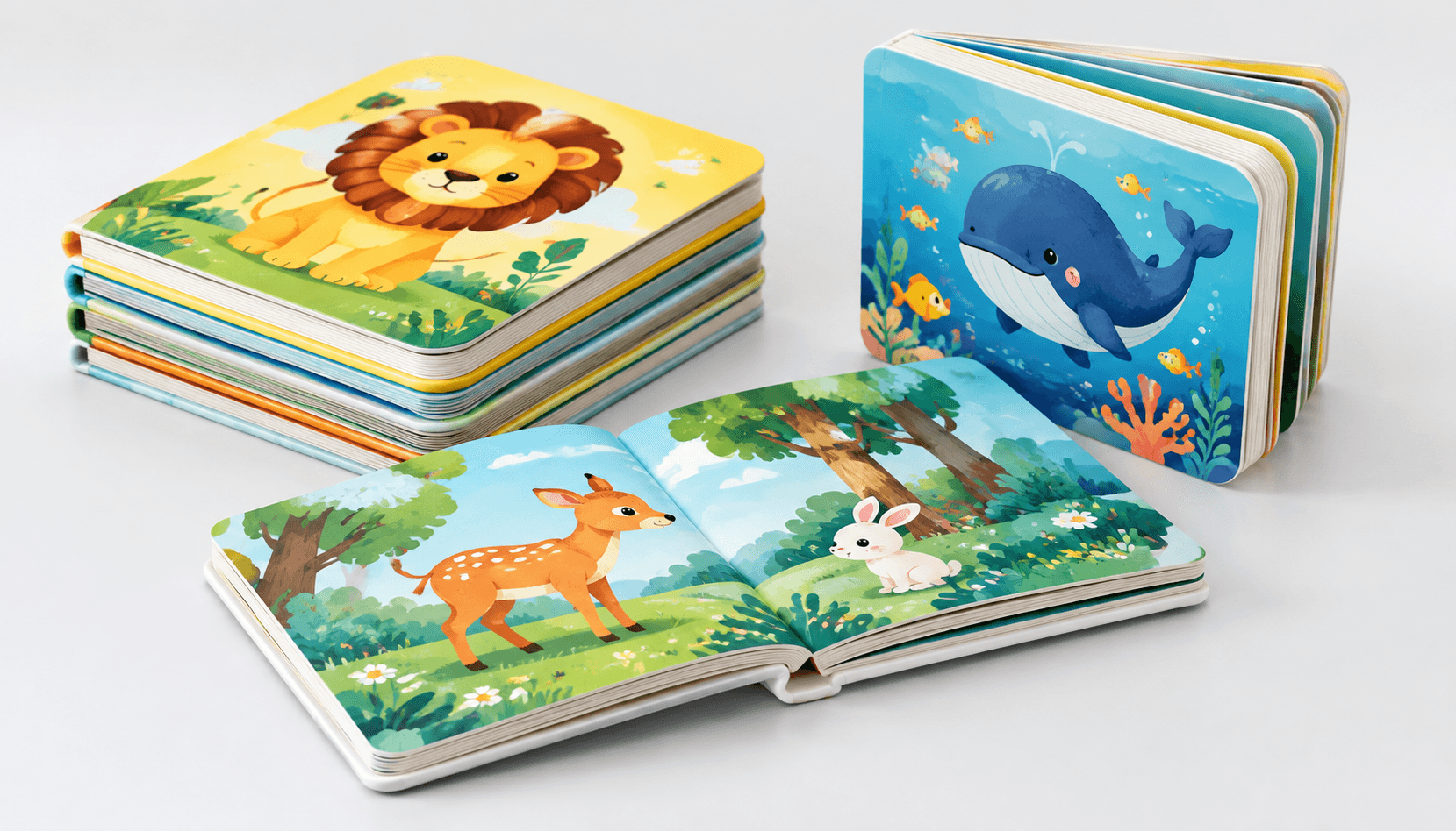 Printed board books with rounded corners showing thick pages and aligned curved edges