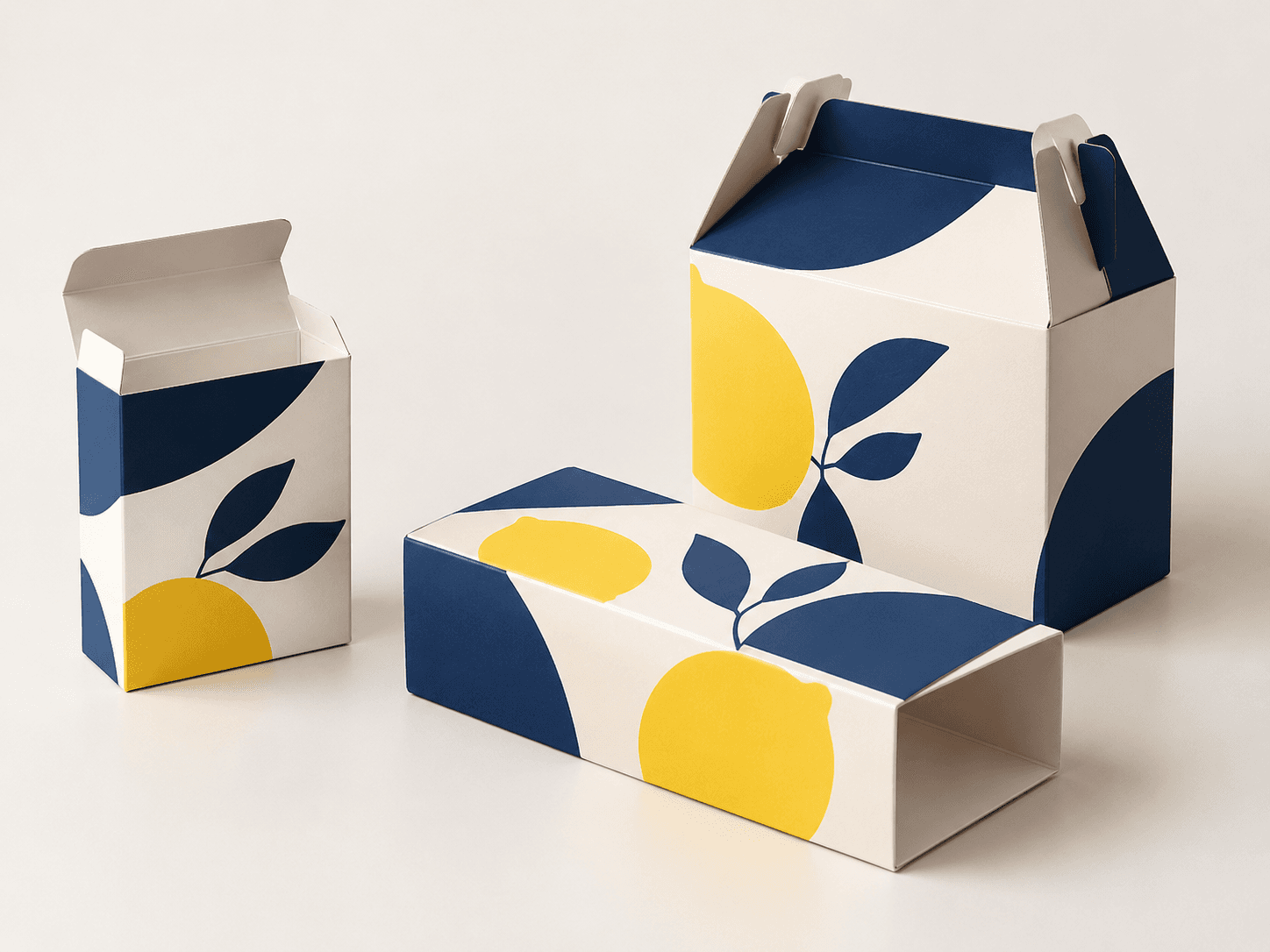 Illustration of printed folding cartons showing open flaps and different box proportions