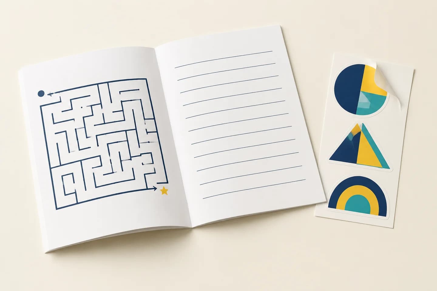 Writable activity-book pages beside a separate geometric sticker sheet and release liner
