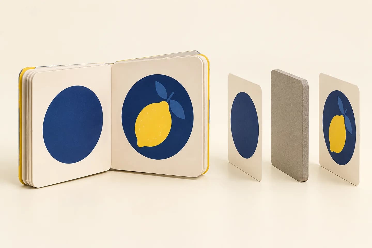 Board-book mounted leaves beside printed facing sheets and a gray board core sample