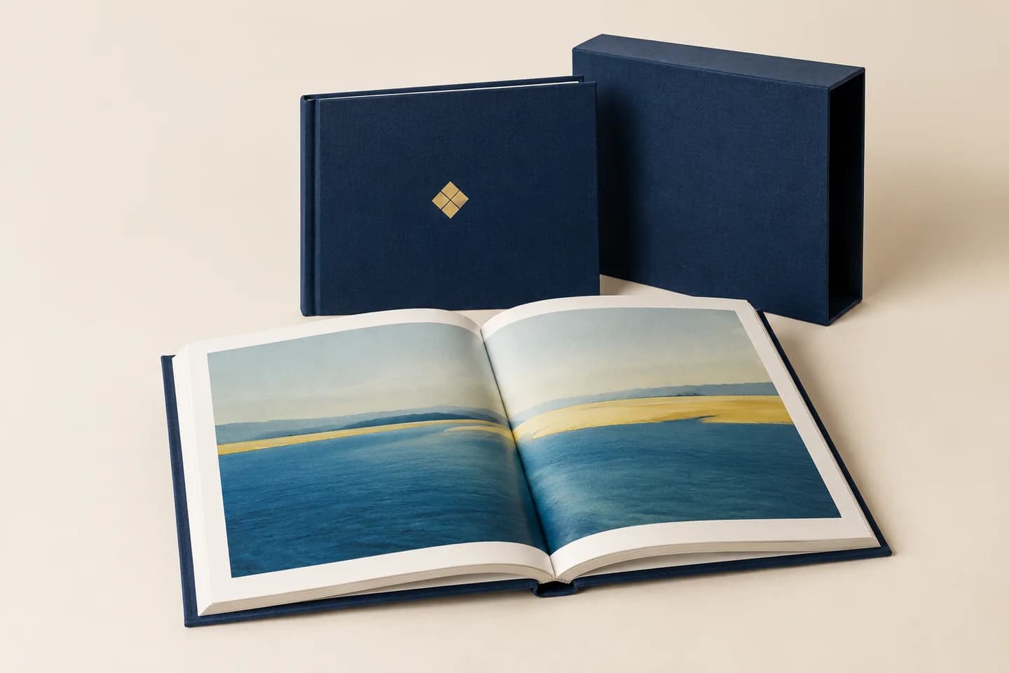 Large clothbound art book with a visible binding gutter beside a closed foil-decorated edition and slipcase