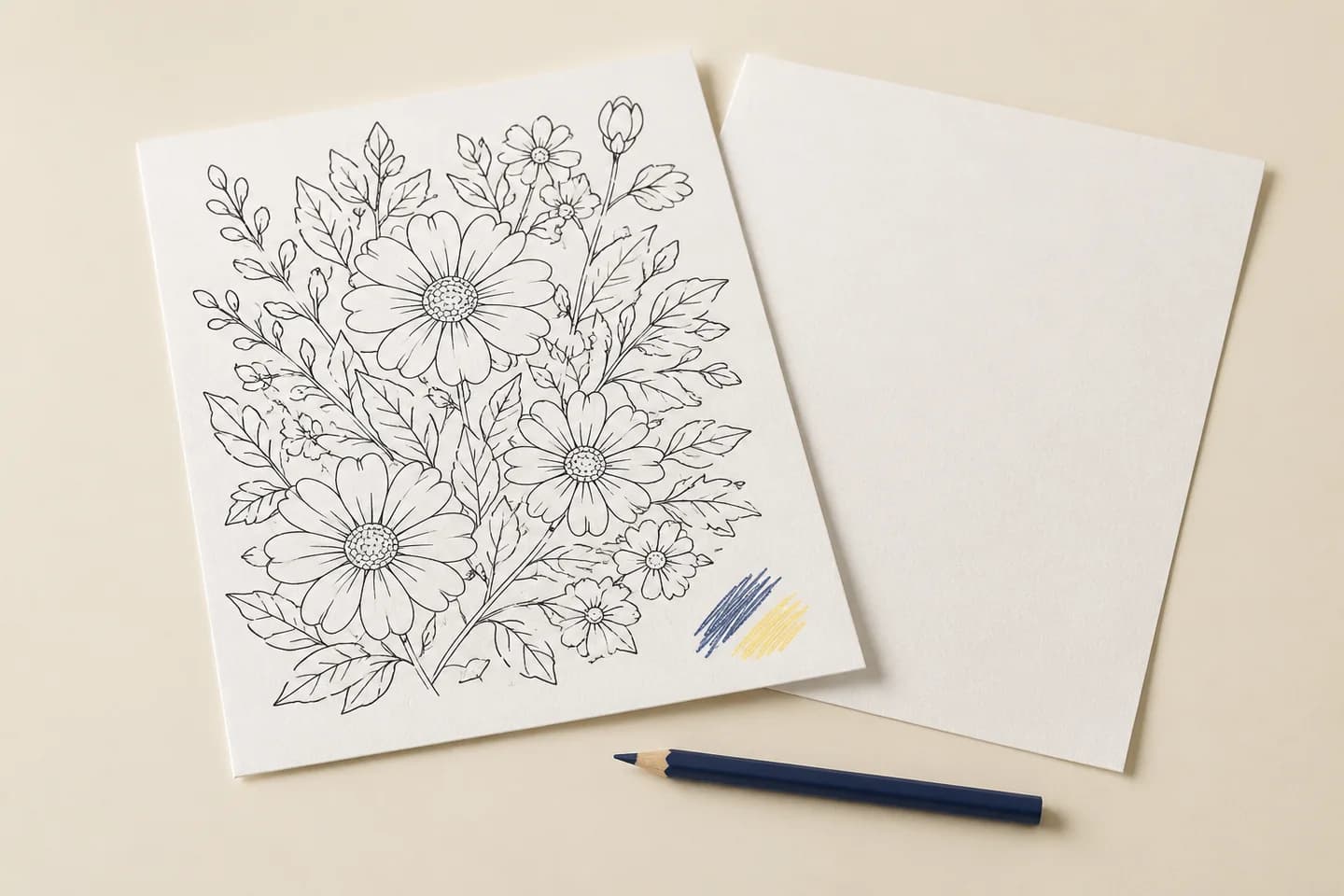 Uncoated coloring-book page with botanical outlines beside a blank reverse sheet and pencil