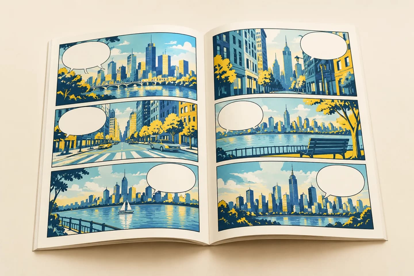 Comic-book spread with panel borders and empty speech balloons clear of the gutter