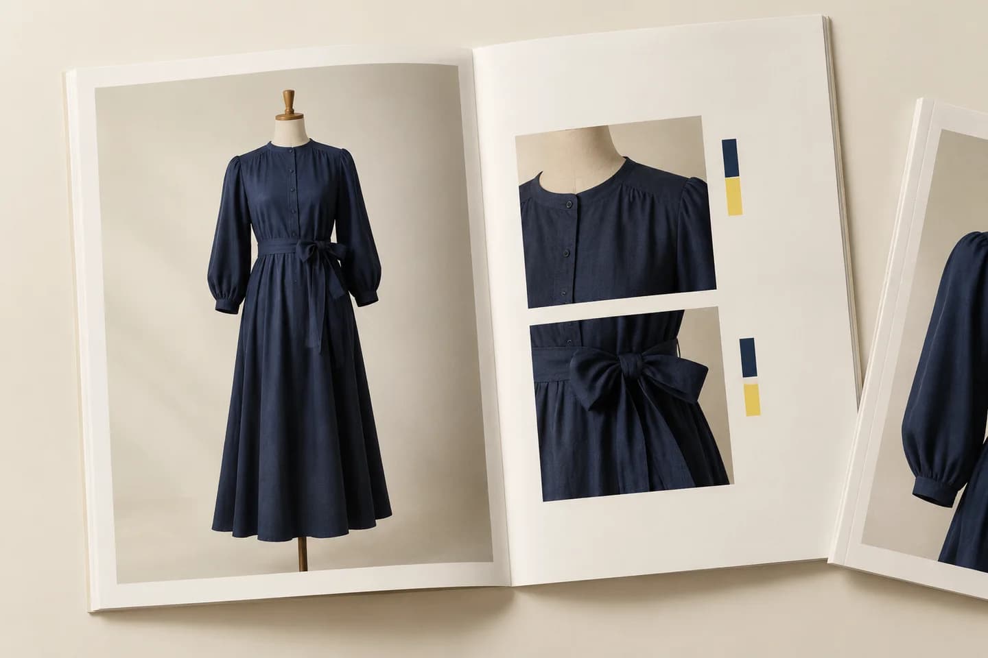 Lookbook spread pairing a full-page garment image with smaller detail views