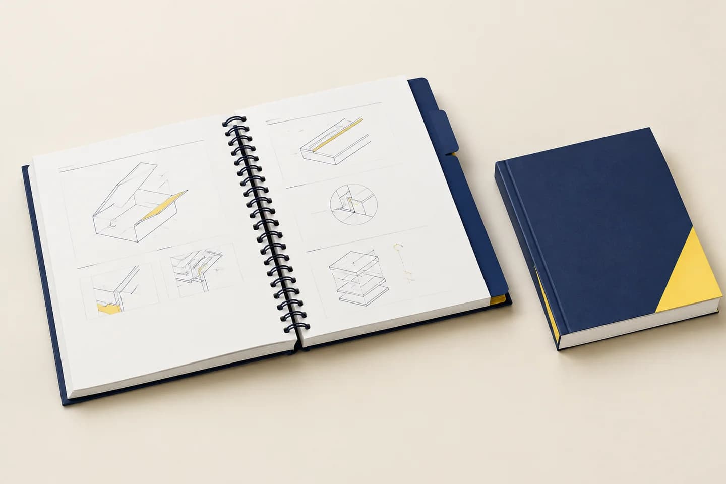 Open twin-loop technical manual with a divider tab beside a square-spined reference manual