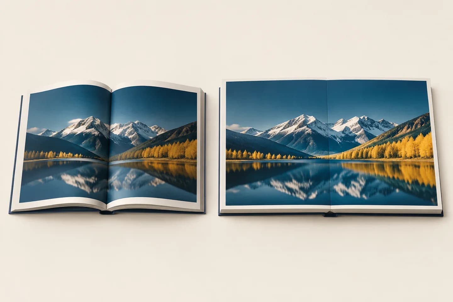 Conventional bound photo book with a center gutter beside a thicker mounted lay-flat spread