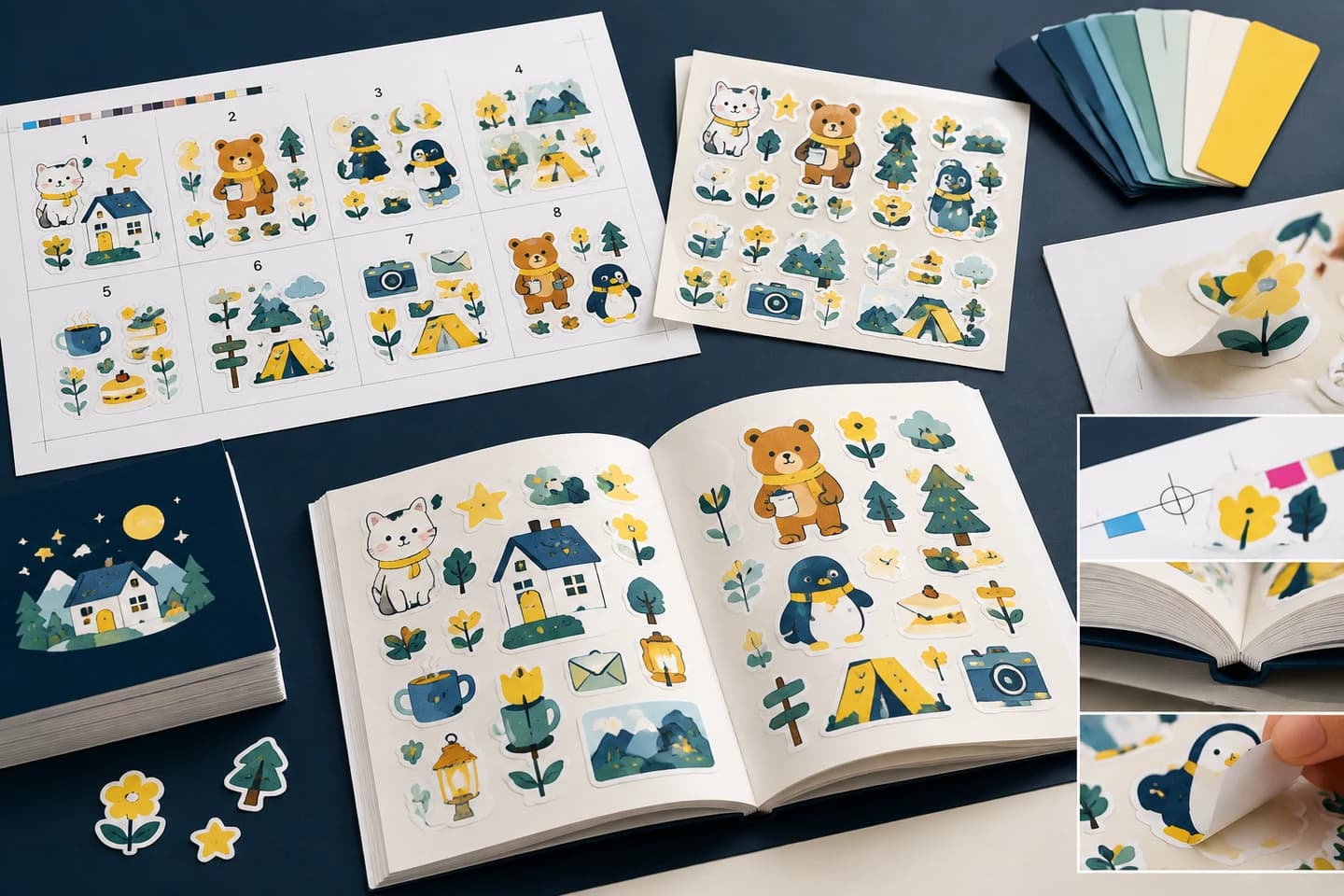 Sticker book production proof with cut-line map, color swatches and registration checks