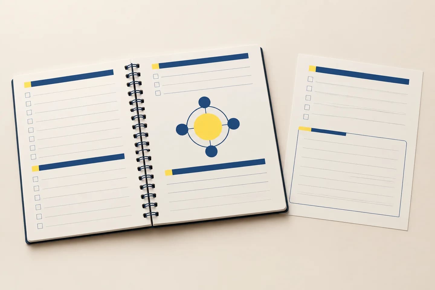 Coil-bound workbook with response lines and diagrams positioned clear of the punch row