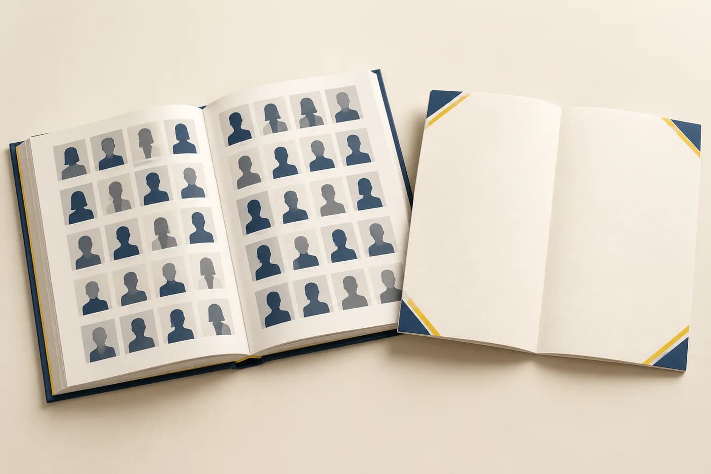 Yearbook portrait-grid spread beside a separate blank signing-page sample