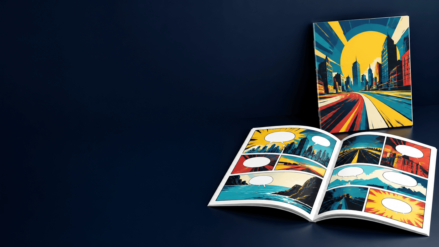Custom comic books and graphic novels arranged in a print studio