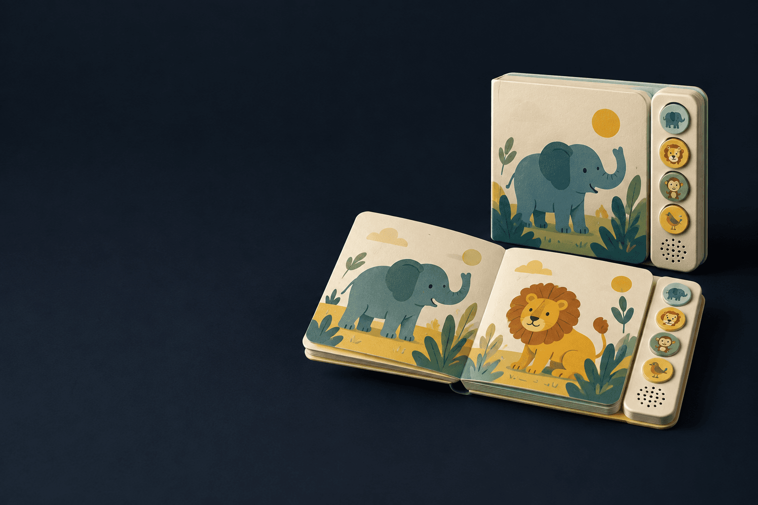 Open animal-themed sound book and matching closed copy with four-button audio panels on the right of a dark studio scene