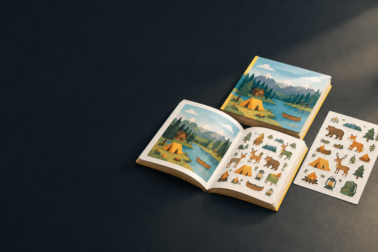 Open sticker book with illustrated pages and a separate kiss-cut sticker sheet