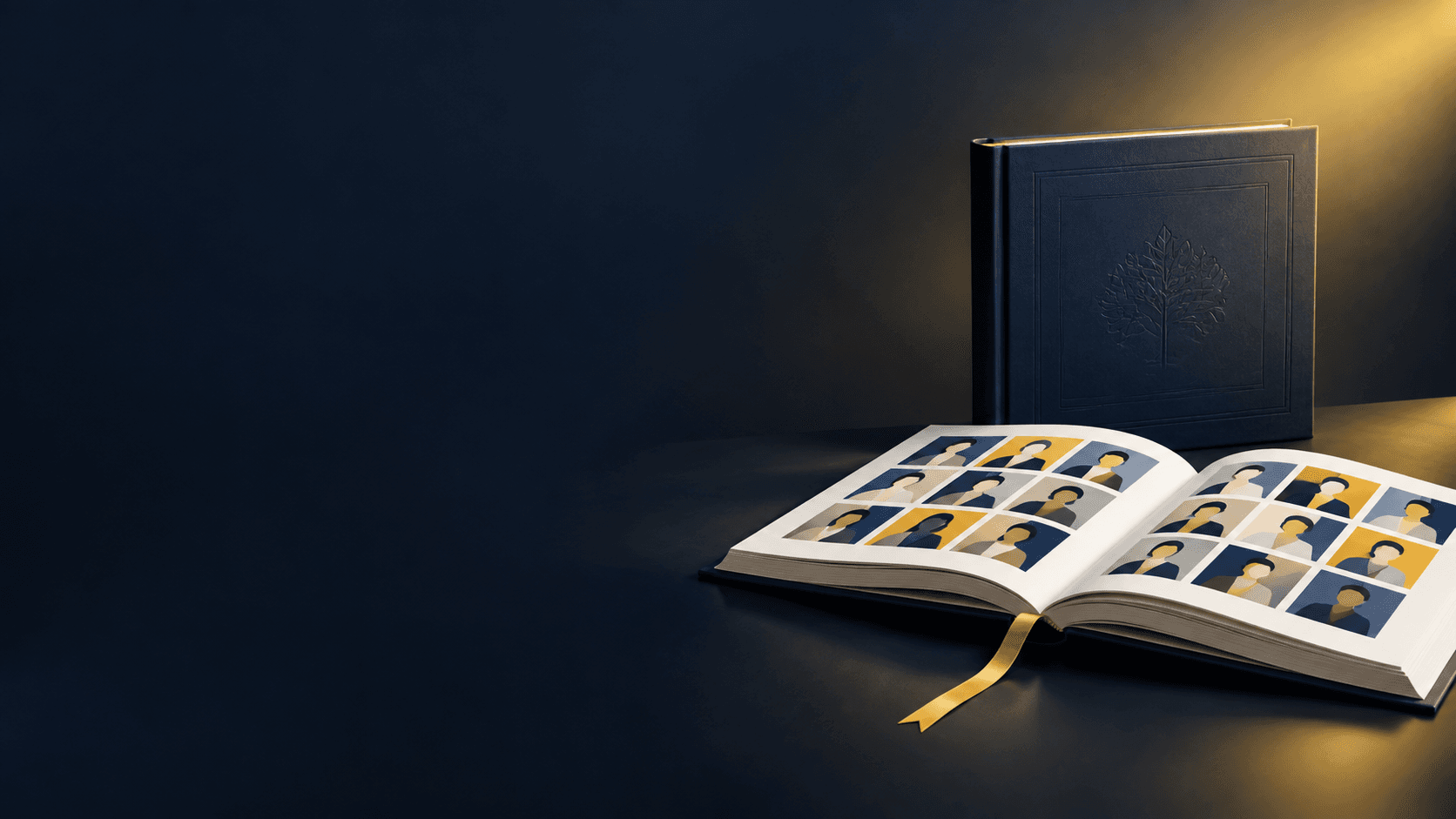 School yearbook opened to a balanced photo and portrait spread