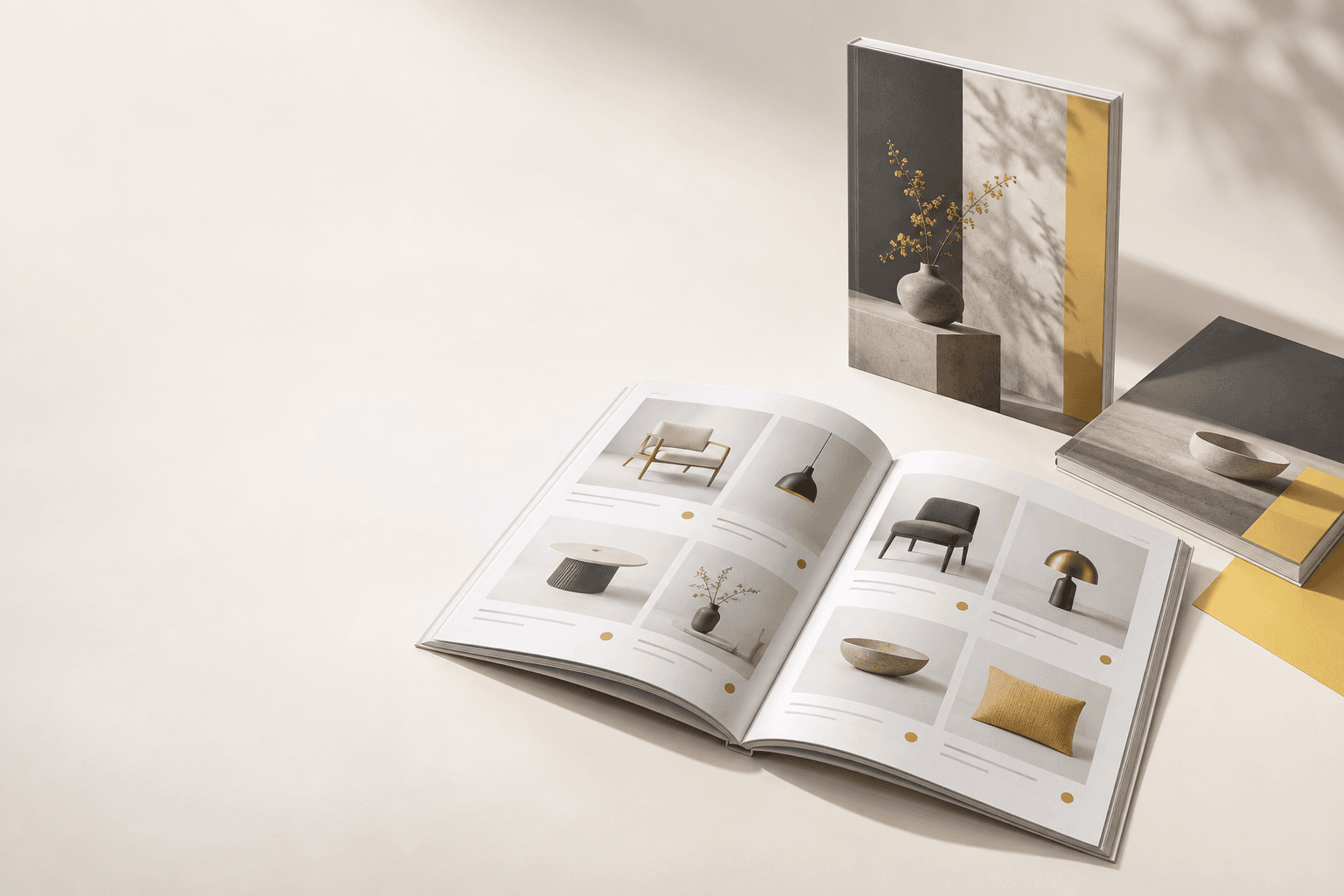 Open product catalog with product-grid spreads in a print studio