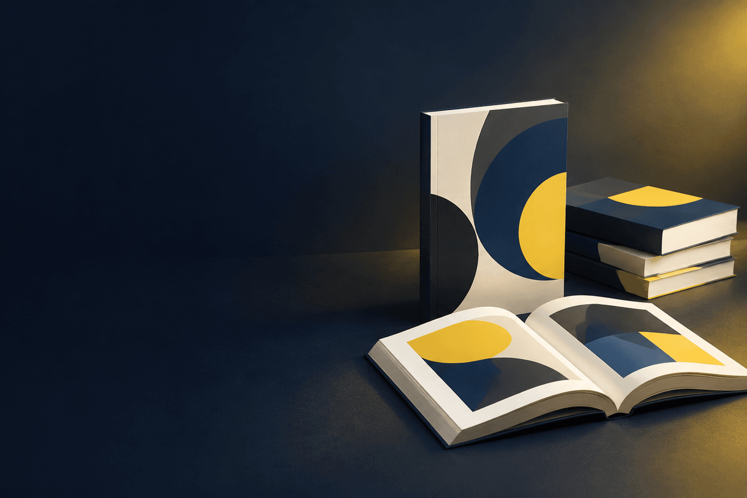 Perfect-bound paperback books arranged with open printed pages