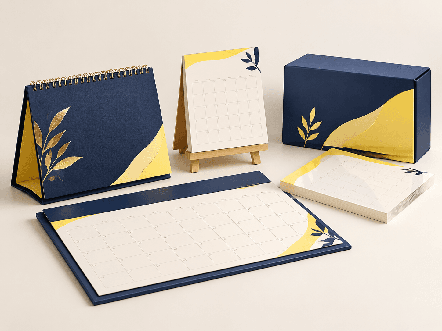 Illustrative desk calendar configurations and finishing options