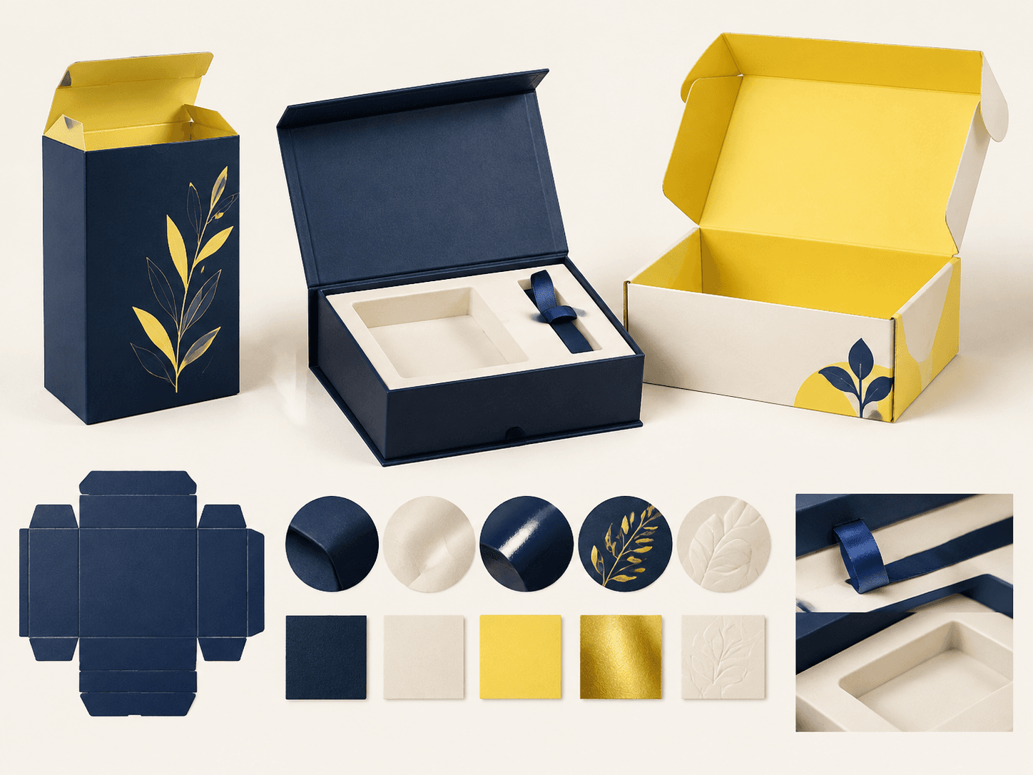 Illustrative packaging box configurations and finishing options