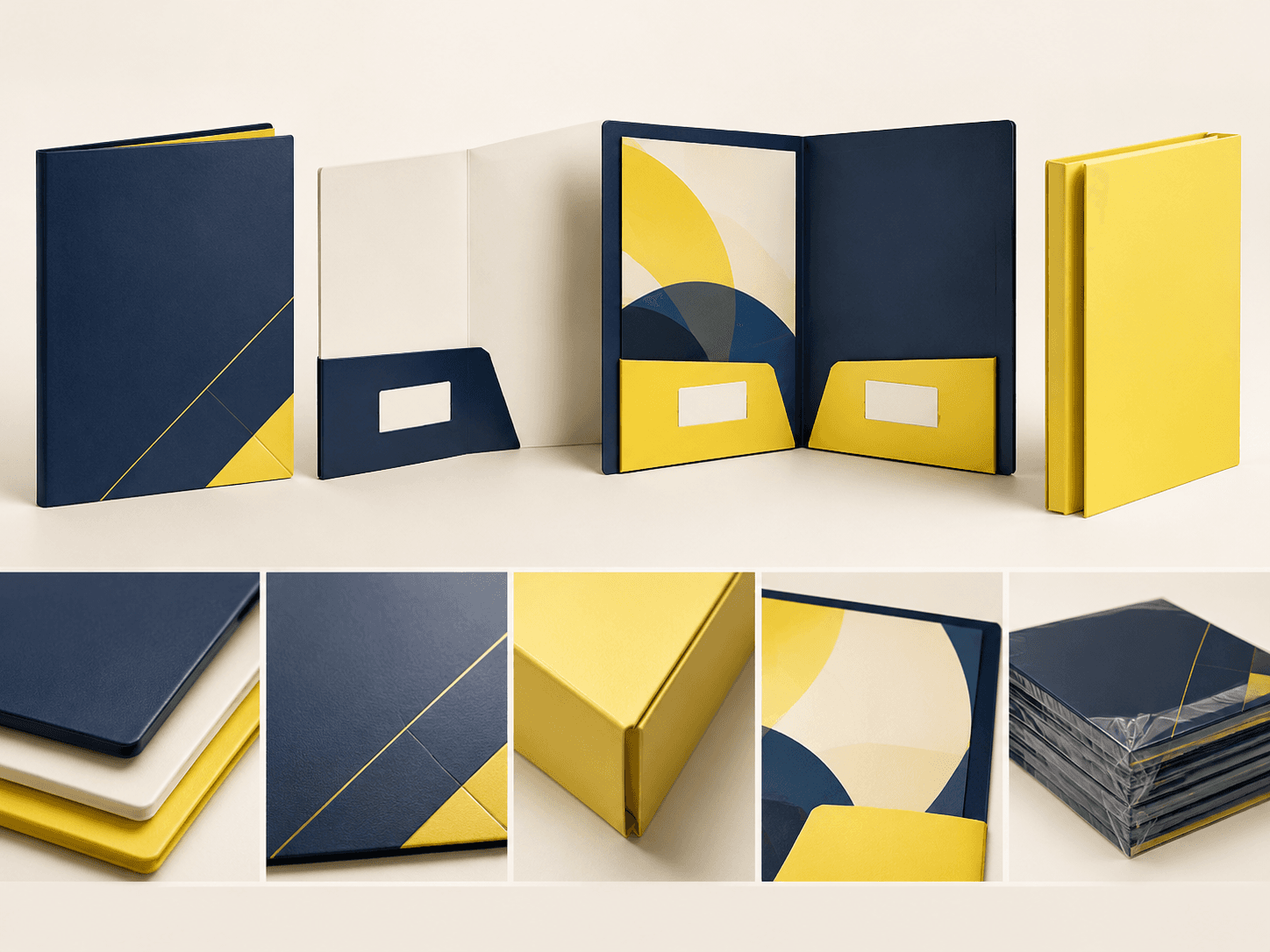 Illustrative presentation folder configurations and finishing options