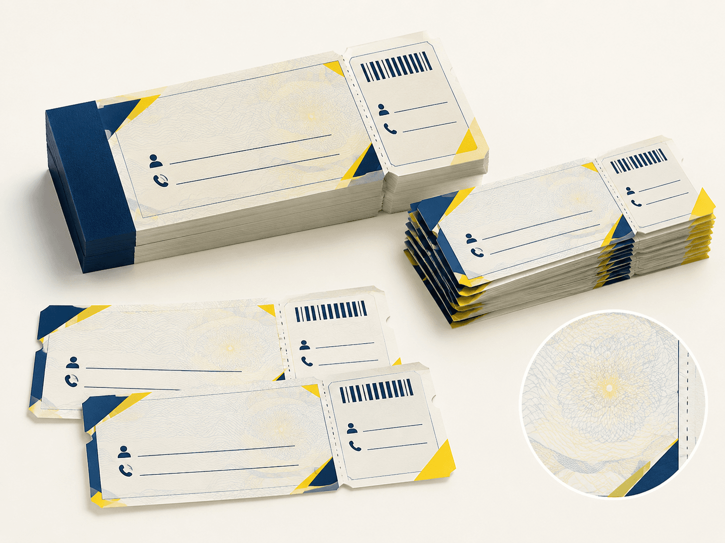 Illustrative raffle ticket configurations and finishing options
