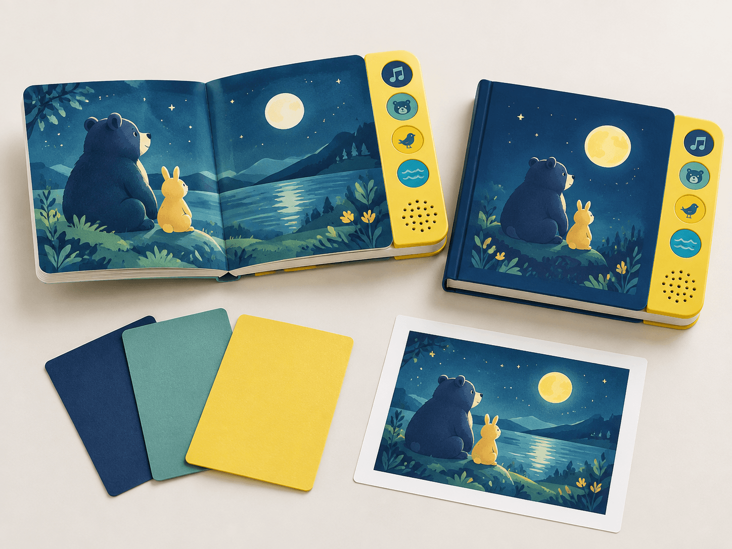 Sound book customization samples with open and closed audio books, cover swatches and a page proof