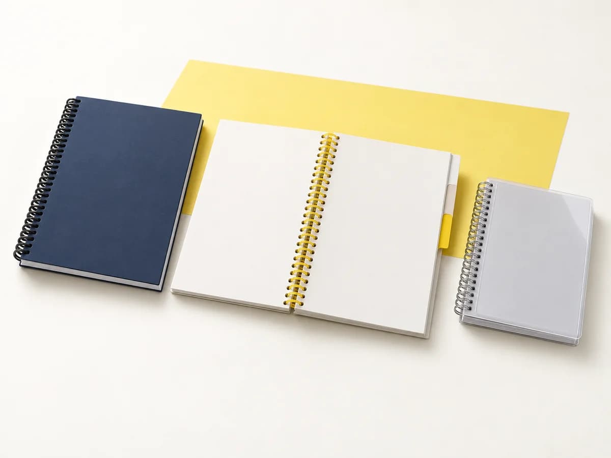 Spiral-bound book options with varied coils, covers and divider tabs