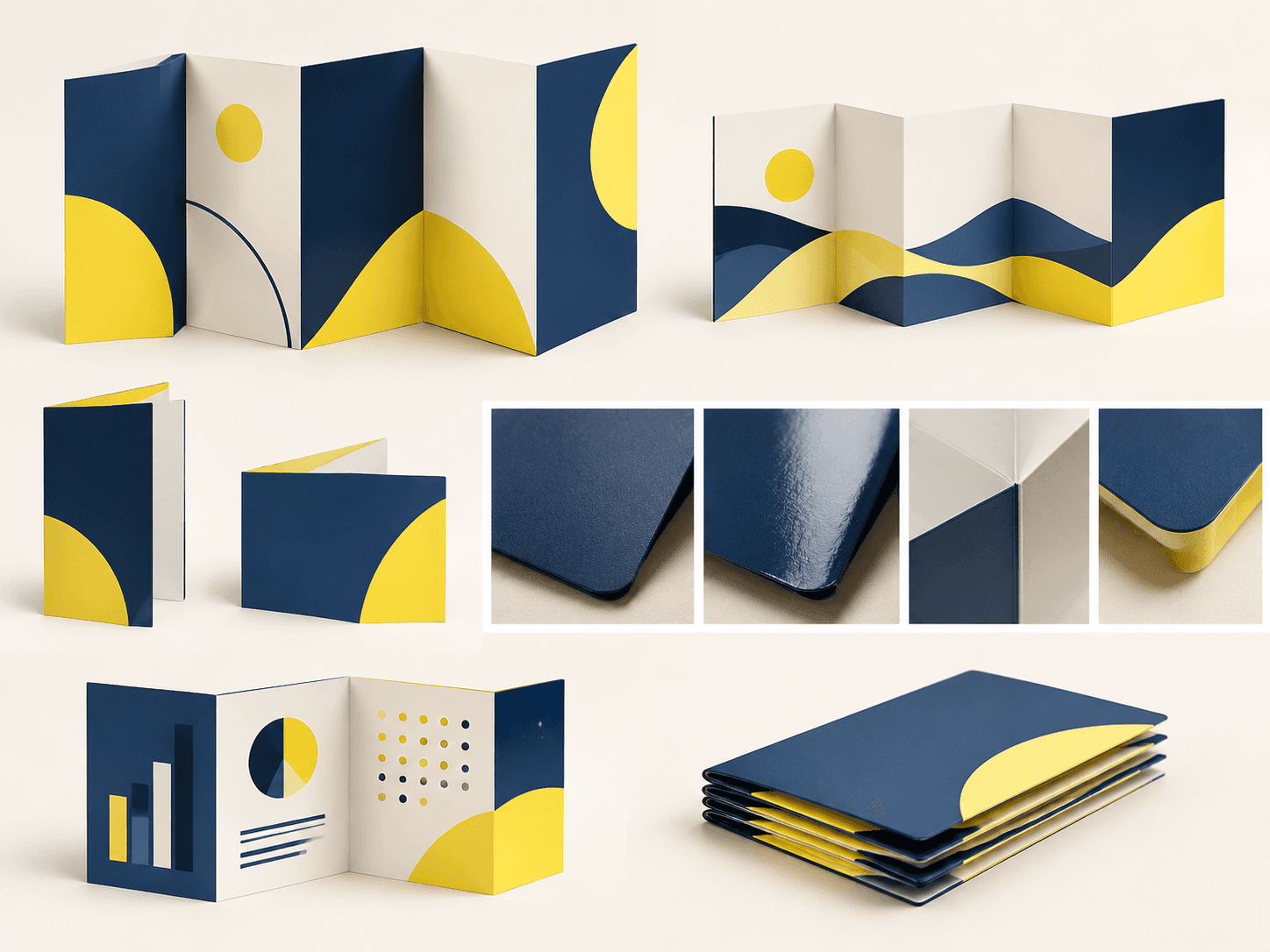 Illustrative z-fold brochure configurations and finishing options