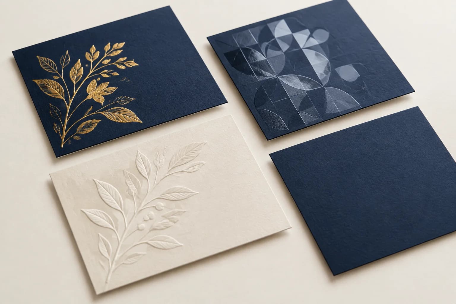 Illustrative foil, spot UV and raised paper details on ivory and navy material samples