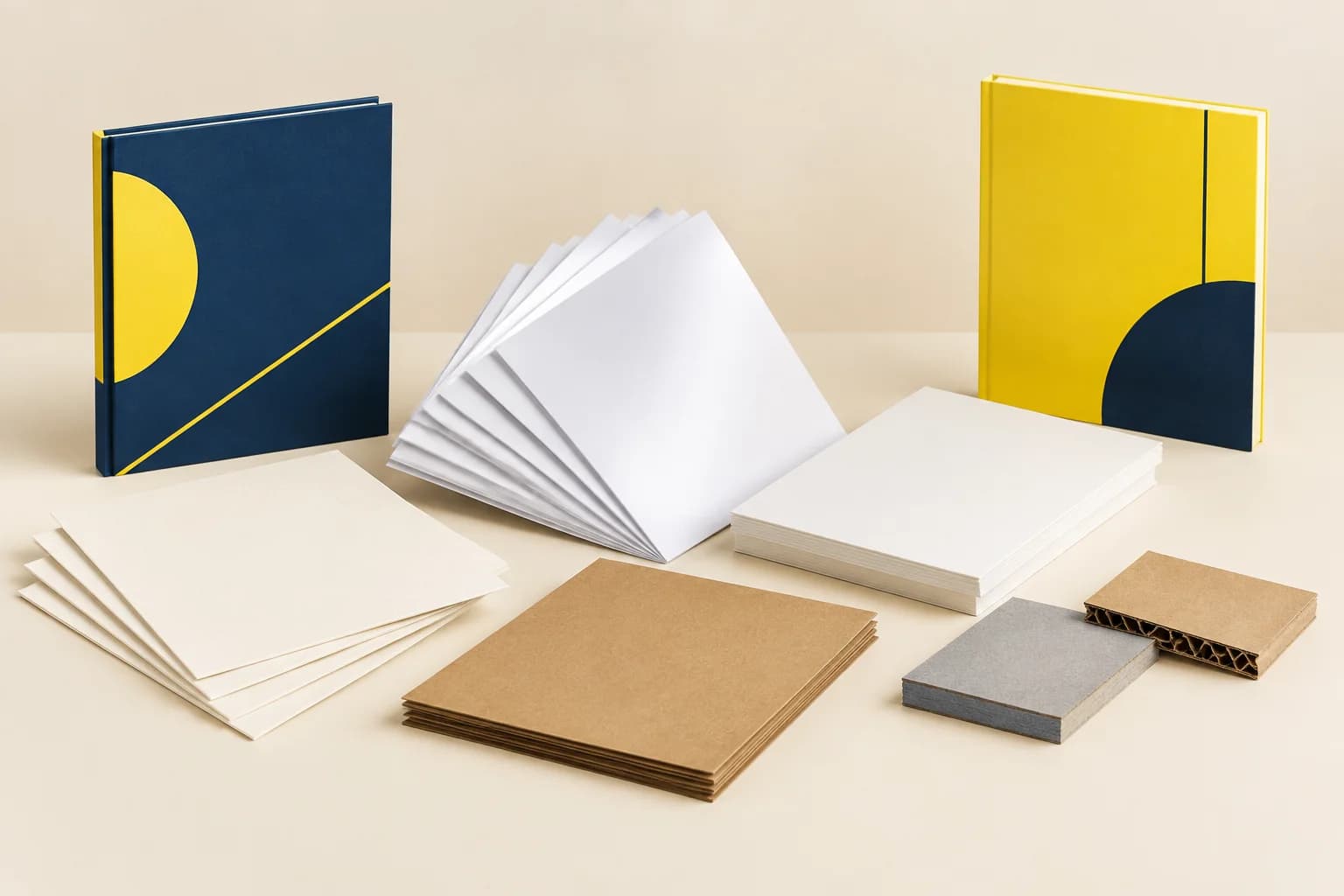 Coated and uncoated paper, kraft and board swatches illustrating material selection