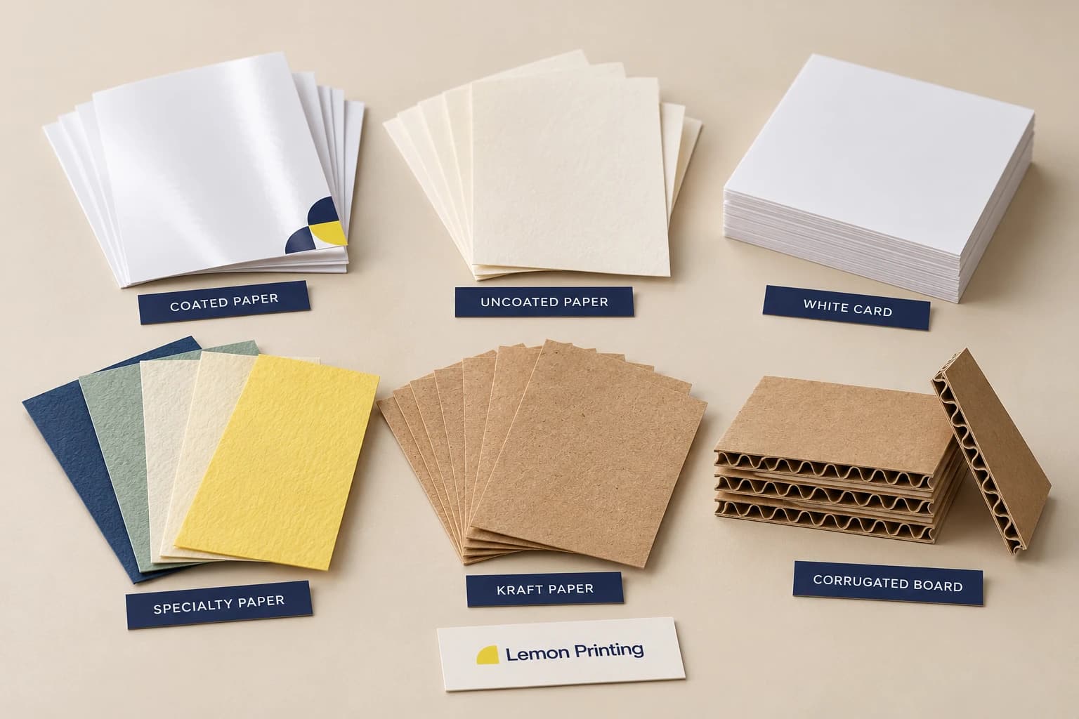 Six labeled paper material samples: coated paper, uncoated paper, white card, specialty paper, kraft paper and corrugated board with visible flutes