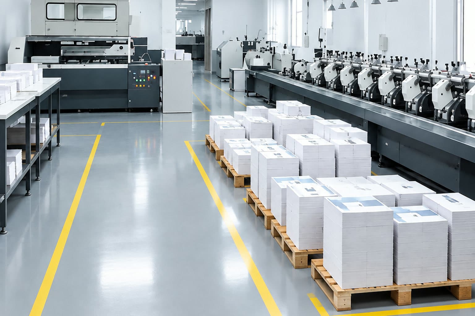 Bookbinding production line with printed sheets awaiting assembly