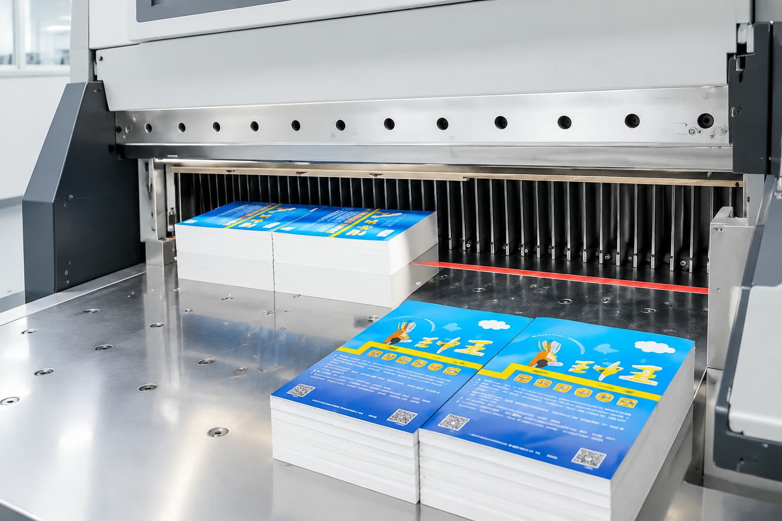 Paper guillotine cutter trimming printed sheets at Lemon Printing