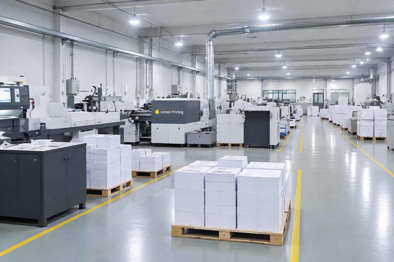 Printing factory floor with work areas and palletized production