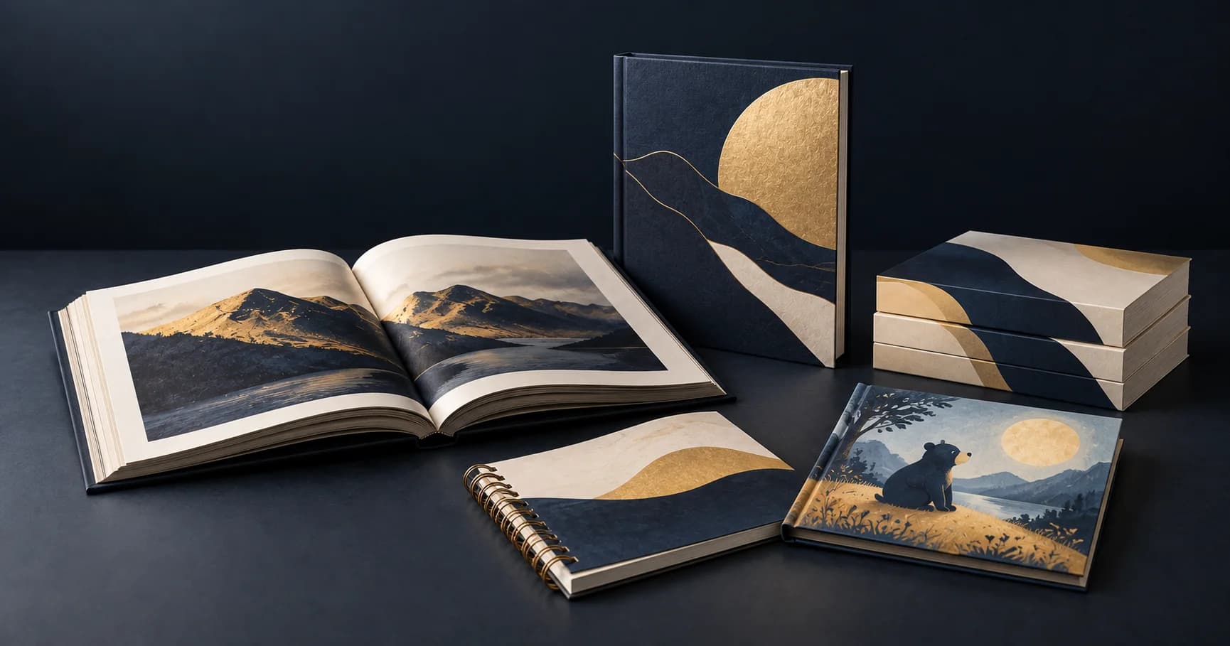 Custom printed hardcover, paperback, spiral-bound, and children’s books arranged in a studio portfolio