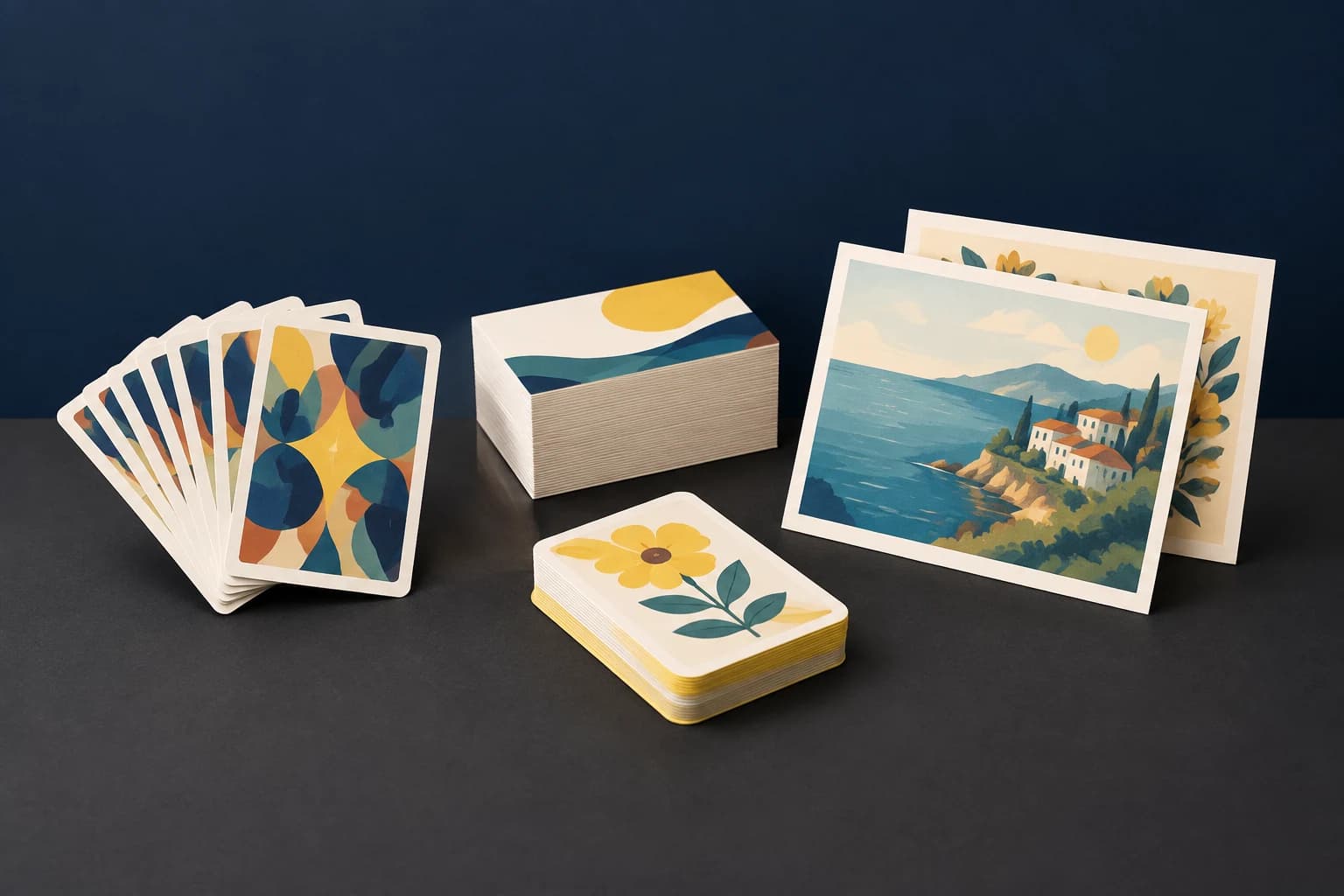 Playing cards, business cards, postcards, and educational flash cards