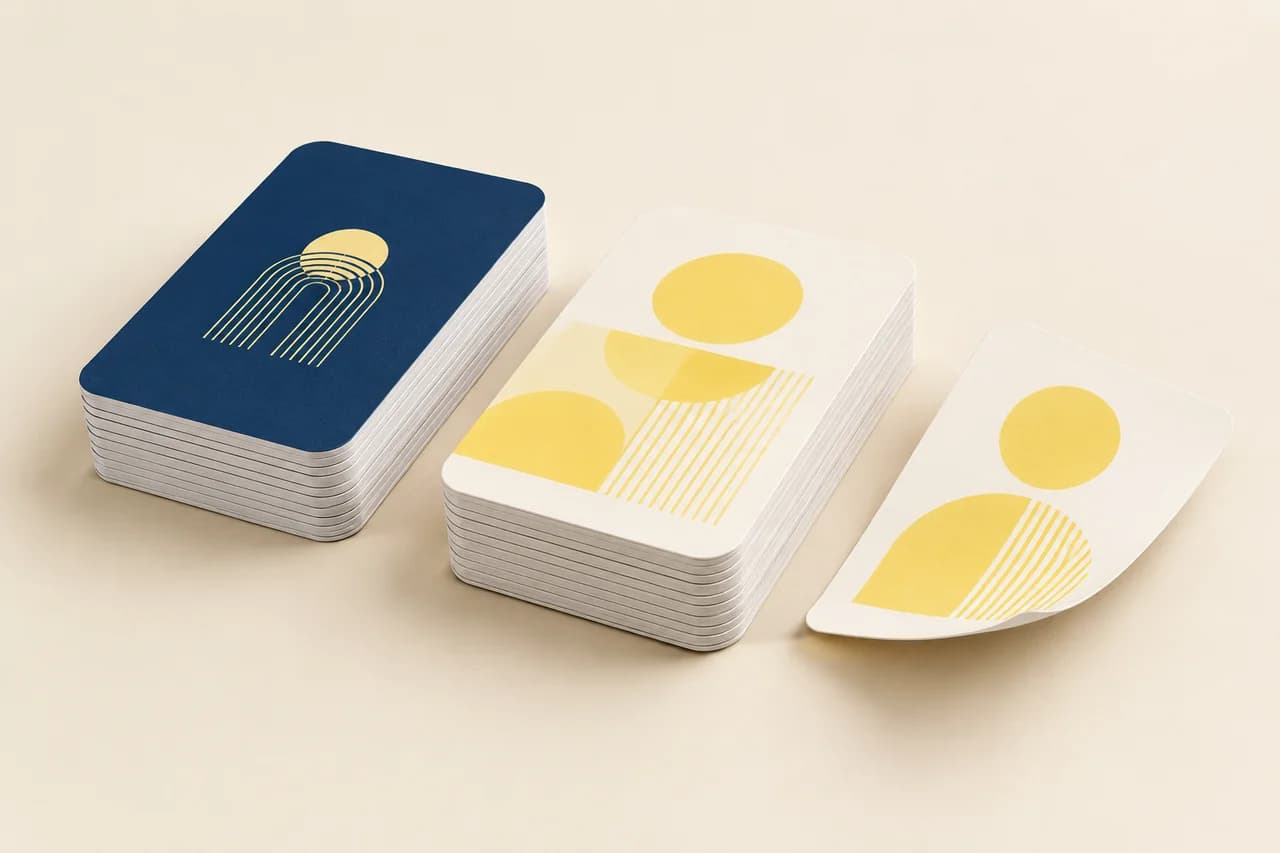 Printed card stacks showing rounded corners and finished paper edges