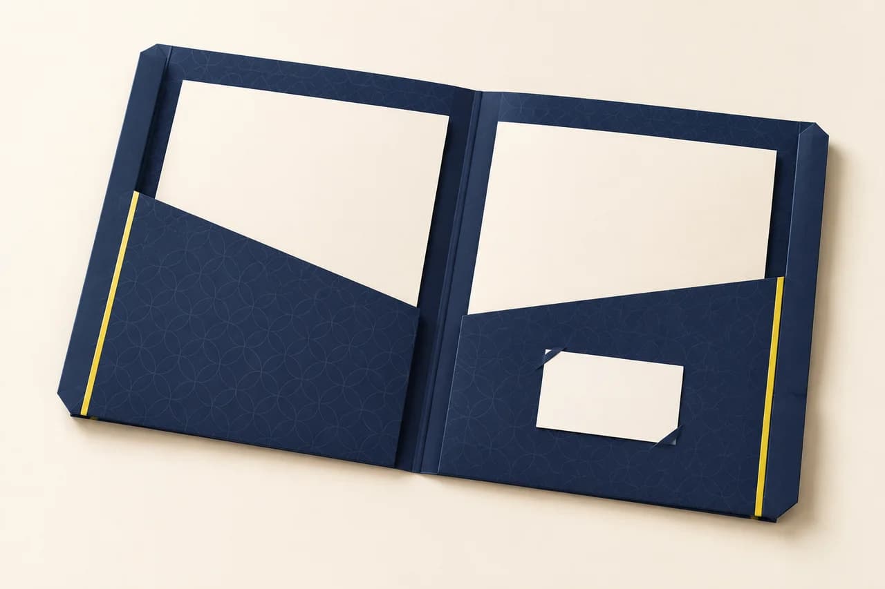 Open presentation folder with two document pockets and diagonal business-card retention slots