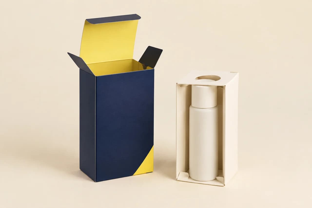 Open tuck-top carton beside a paperboard insert surrounding a cylindrical container