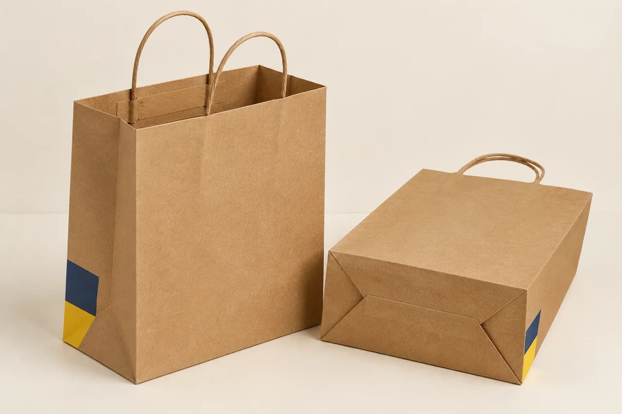 Kraft bag showing paper handles, an inner reinforcement patch and a folded base