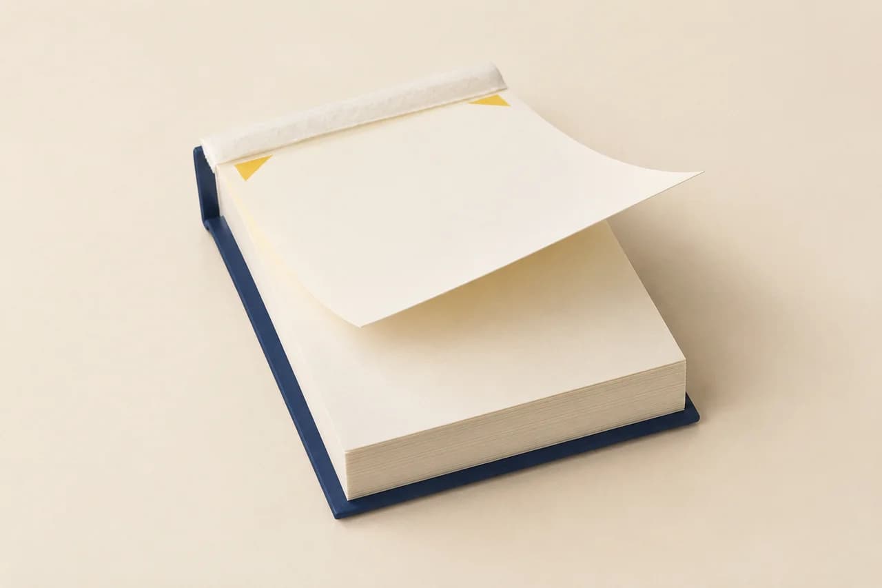Tear-off paper pad with one lifted sheet, glued top edge and rigid backer