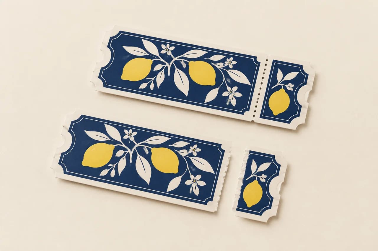 Paper tickets showing an attached perforated stub and a detached counterfoil